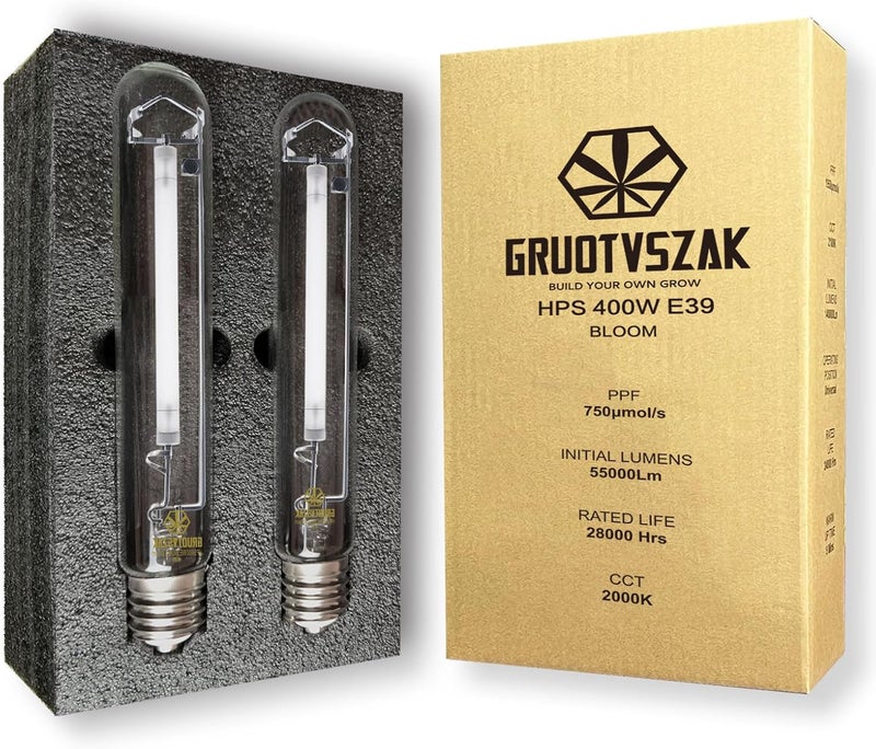GRUOTVSZAK HPS 400W Grow Light Bulb E39 750μmol 2000K Red Concentrated Spectrum 55000 Lumens Bloom Flowering High Pressure Sodium 2-Pack - Image 1